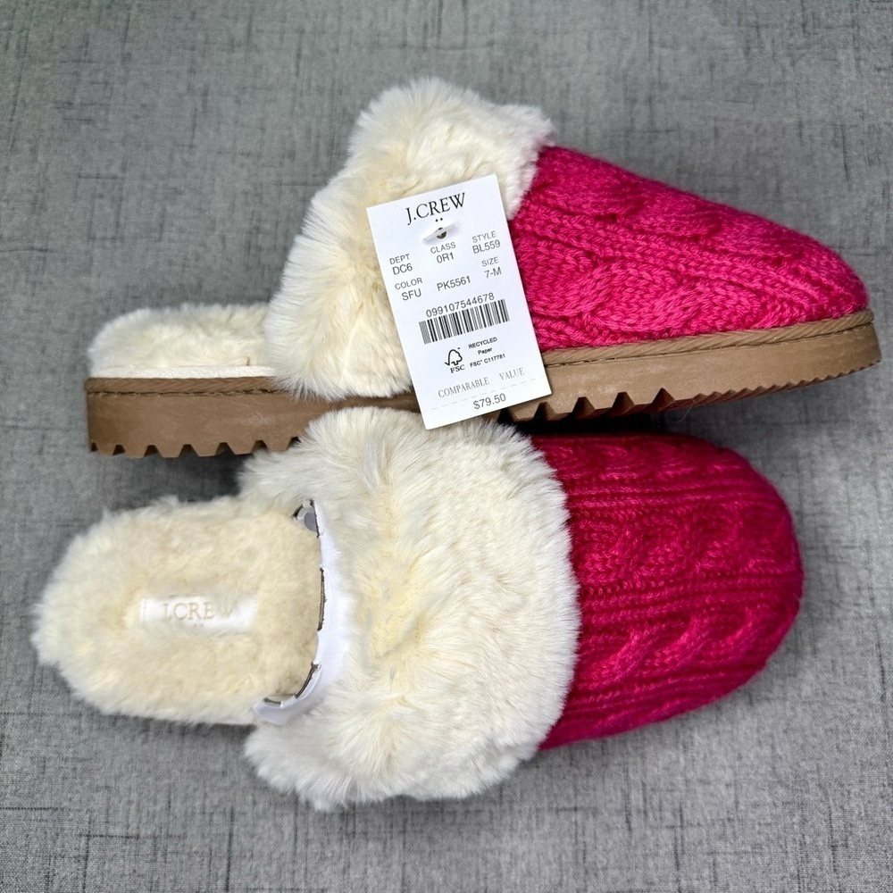 J. Crew Pink Cable Knit Fur Slippers 7 8 9 NWT - Picture 12 of 16
